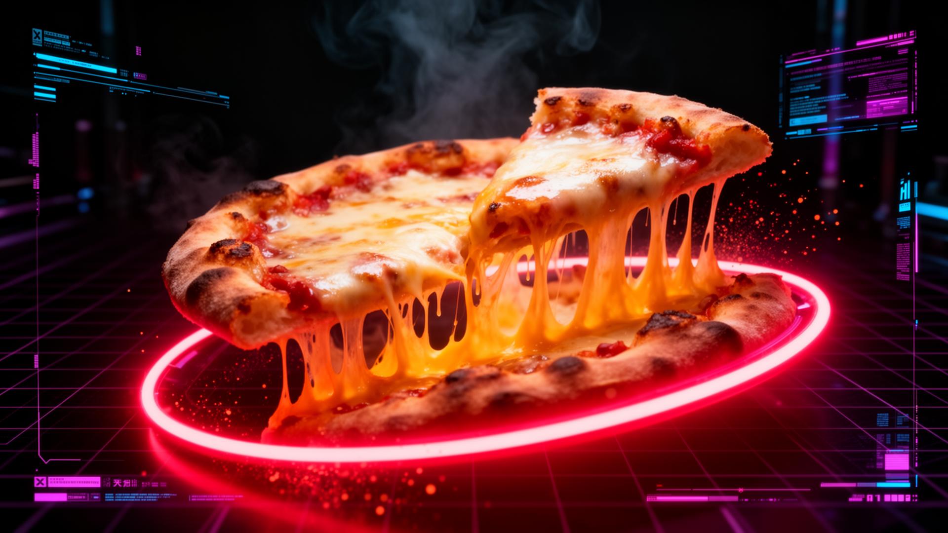 Floating molten pizza in neon laboratory
